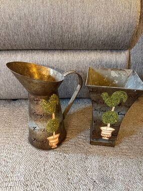 Vintage-Style Green Topiary Metal Pitcher and Vase -